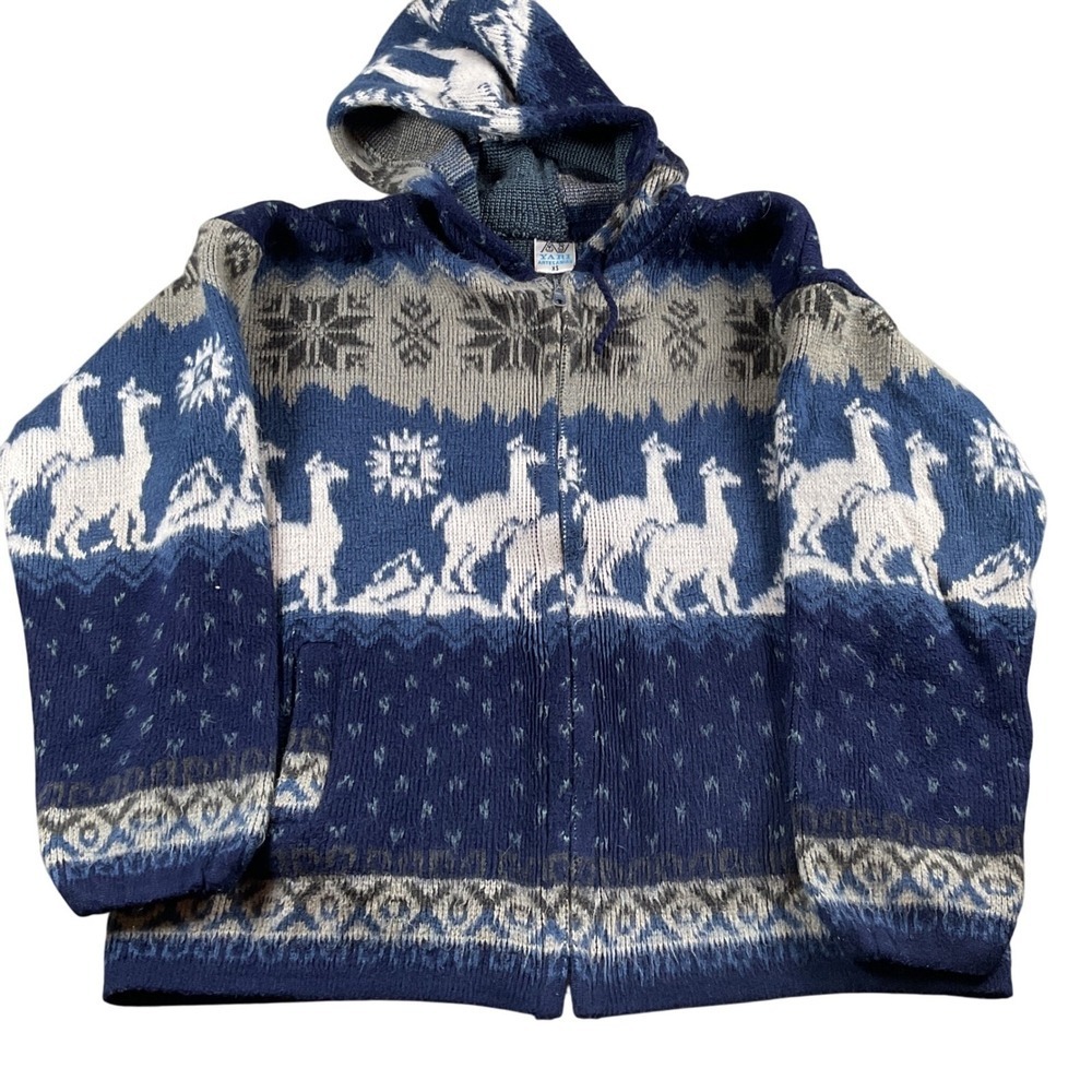 Otavalo Alpaca Wool Blue White women's Nordic Llama Snowflake Hooded Sweater XS